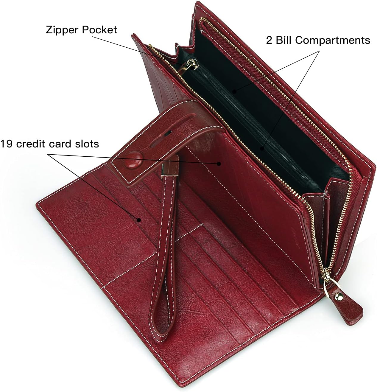 Big Capacity Genuine Leather Wallet for Women RFID Blocking Zip Clutch with Phone Organizer Wristlet (Red Wine)