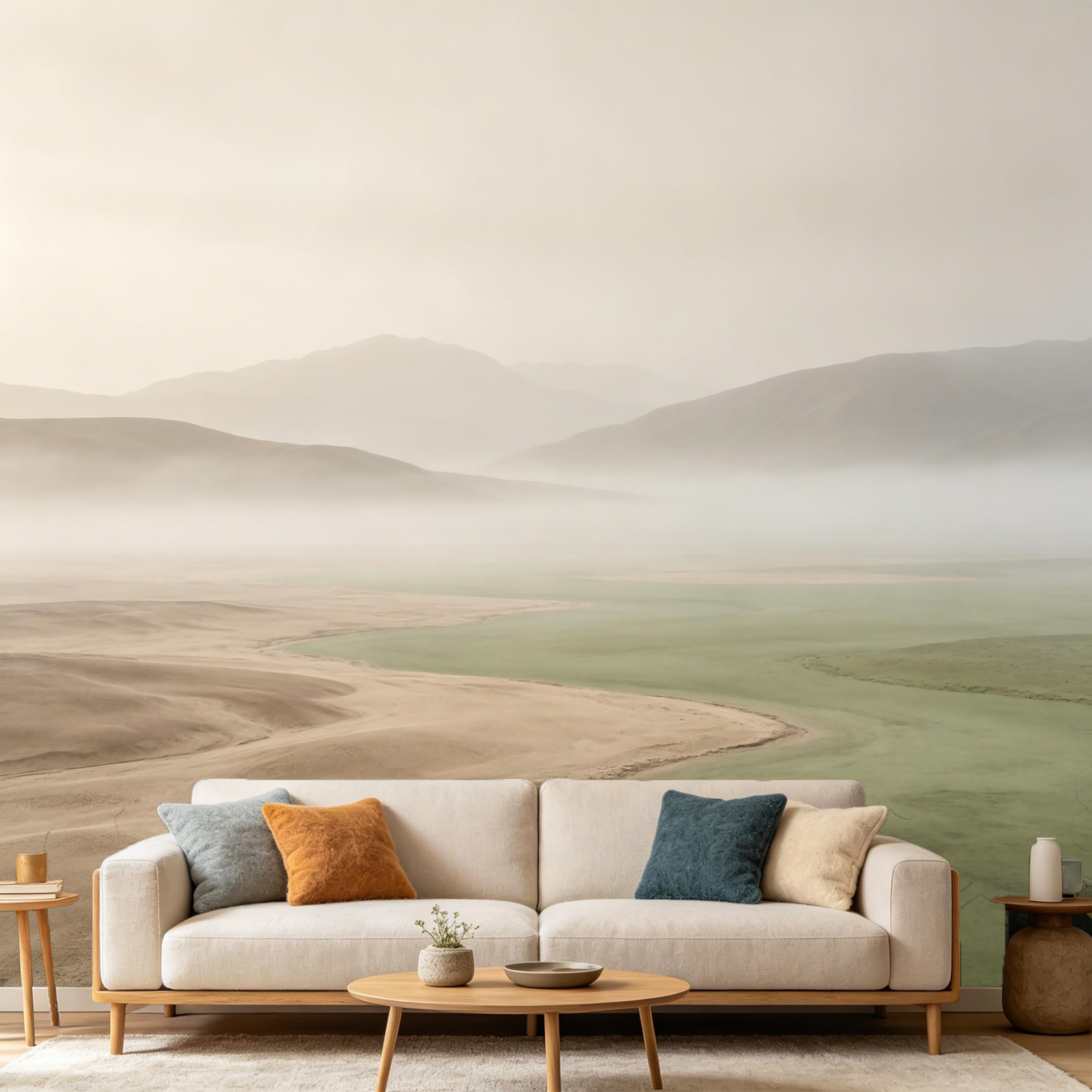 Custom Size Wall Mural， Misty Mountain Landscape Foggy Lake Minimalist Nature， SelfAdhesive Art Prints wall Fabric Removable Large Wallpaper Home Living Room Decor