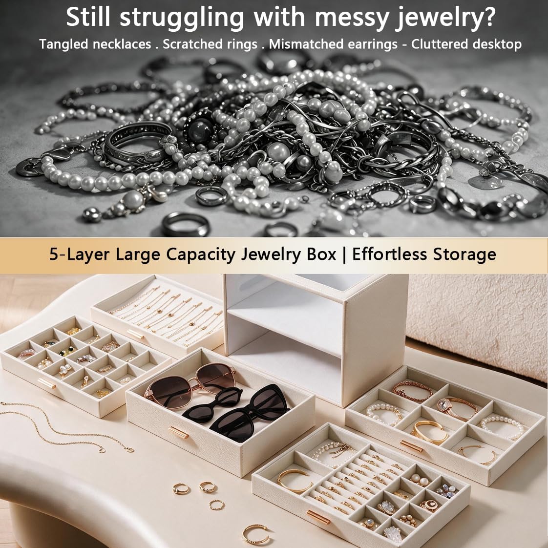 ZPROW Jewelry Box Organizer for Women with Glass window, 5-Layer Jewelry Storage, with 5 Drawers Jewelry case for Necklaces Rings Earrings Bracelets Gift - White image 3