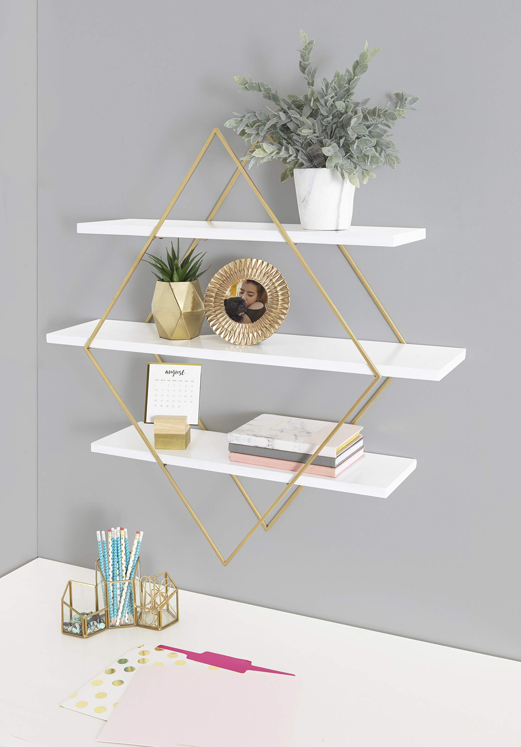 Kate and Laurel Daxton Modern Wood and Metal Wall Shelf, 31" x 32", White and Gold, Glam Wall Organization
