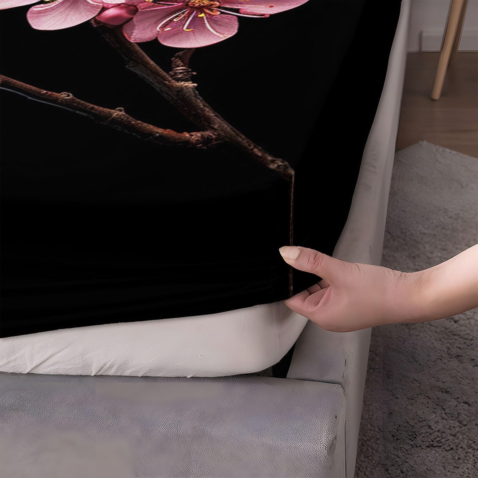 Spannbettlaken 160x200cm Rosa Blume Schwarz Kinder Spannbetttuch für Jungen Mädchen Jugendliche Dekor Bettlaken Set 3D Gedruckt Matratzenbezug mit 2 Kissenbezügen