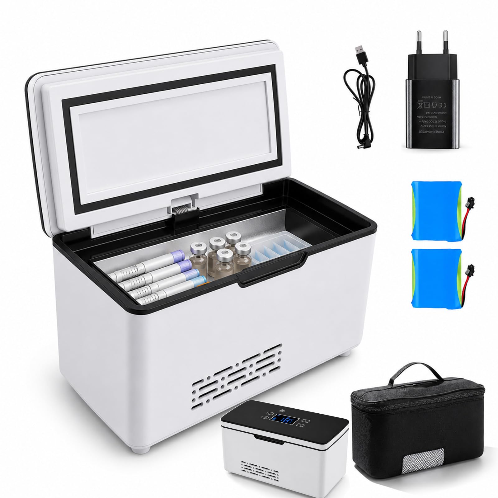 Akku Tragbare Kühlbox Elektrisch, Mini Medikamenten Kühlbox für Insulin & Peptide, LED-Anzeige 0-18°C Einstellbar, Mit Zwei 10600mAh Akkus für Zuhause Reisen Auto