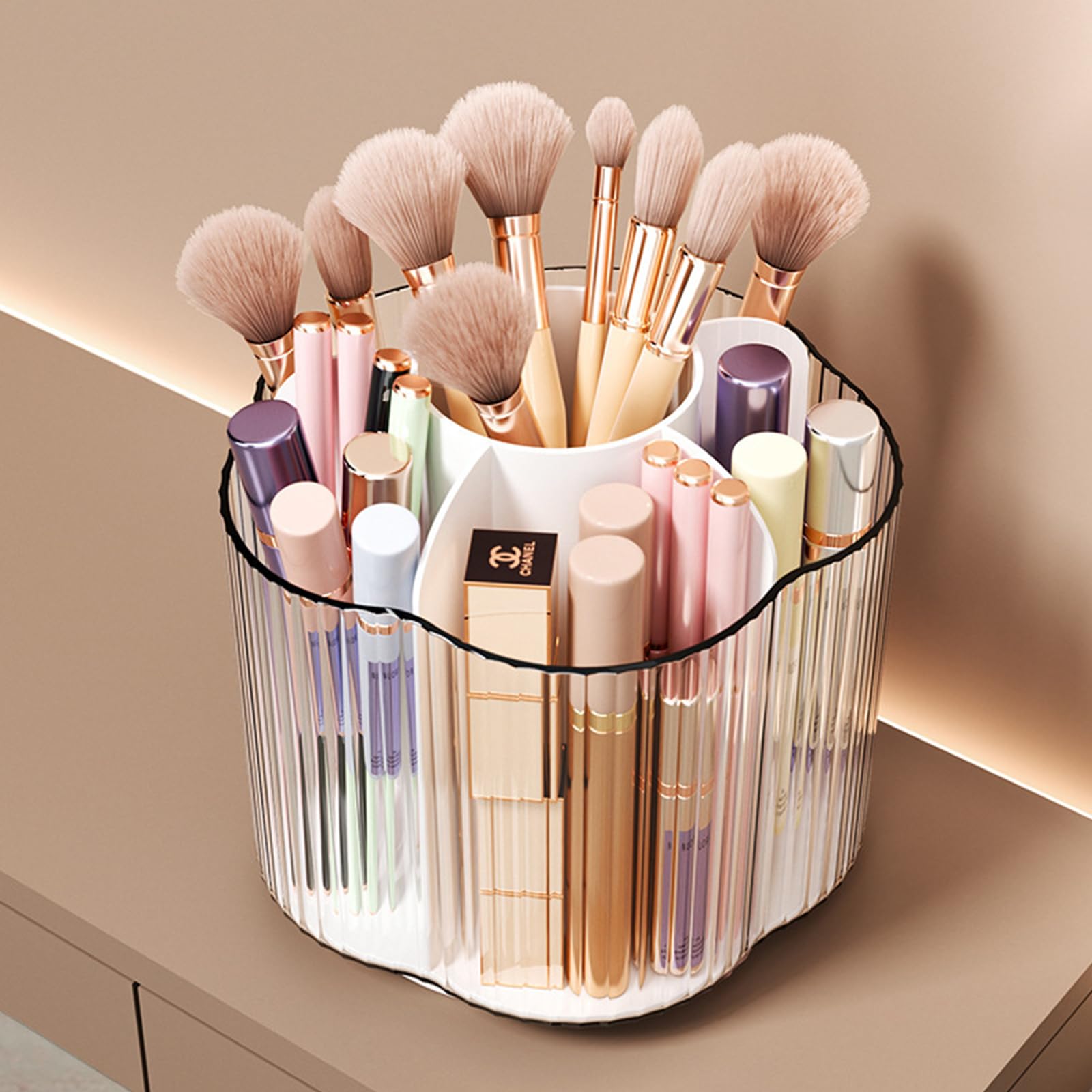 360° Rotating Makeup Organiser Makeup Brush Holder with 6 Compartments,Rotating Brush Organiser,Desk Organiser for Cosmetics, Nail Polish, Art Supply, Bathroom Vanity Desktop Organizer(Clear)