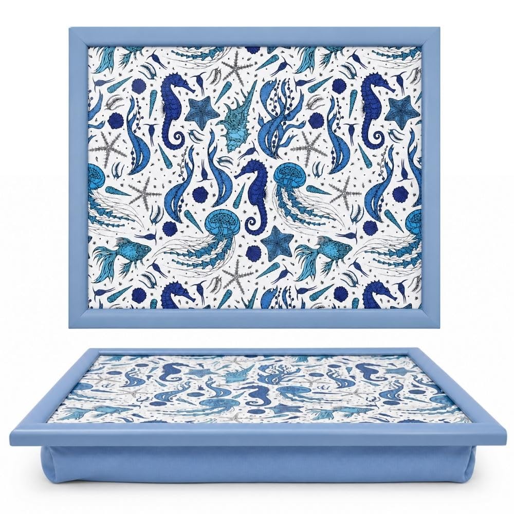 Carousel Home Blue Sea Life Lap Tray With Bean Bag Cushion, 44X34cm Large Cushioned Laptray For Eating, Nautical Padded Lap Board