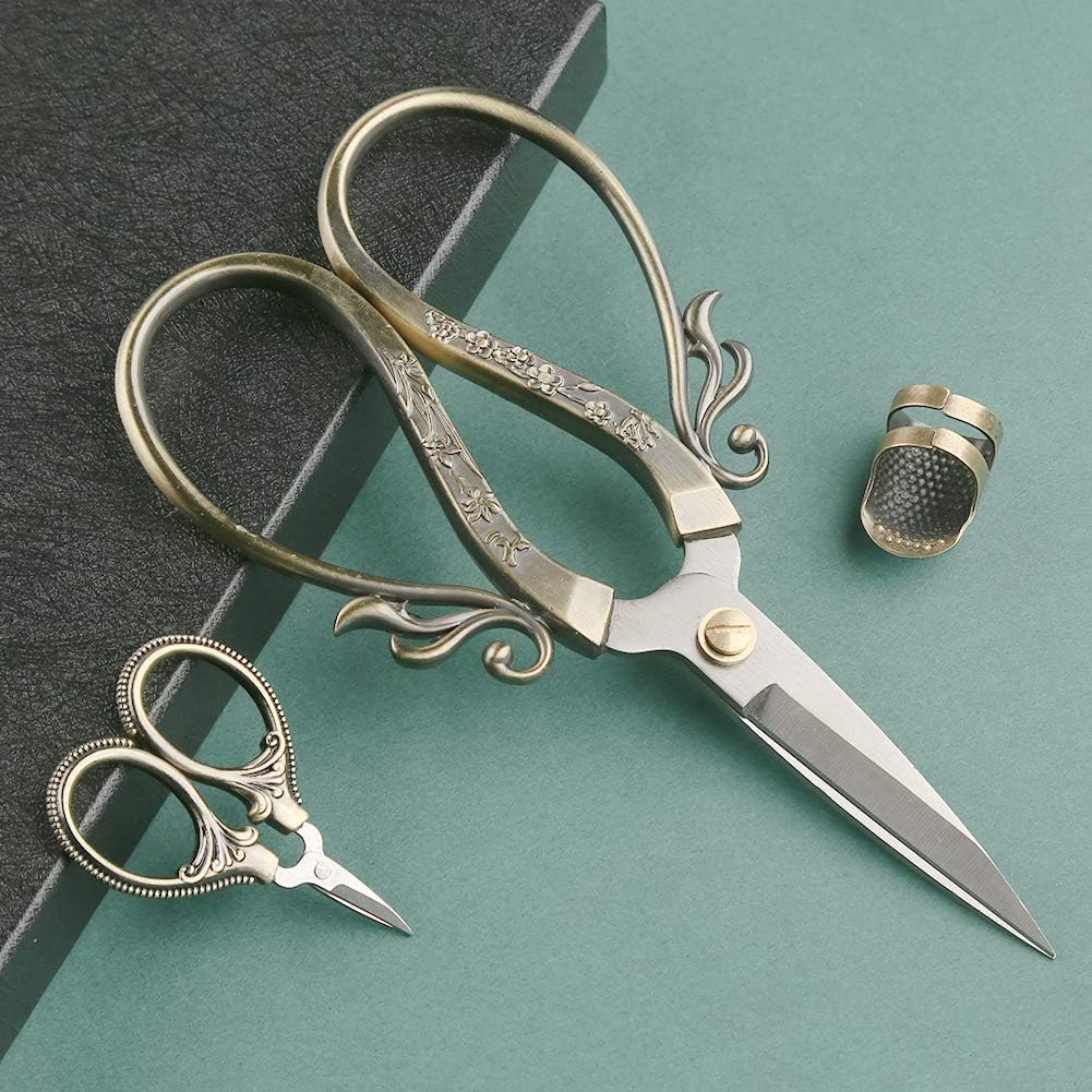 3 Pcs Embroidery Scissors Set, Sewing Scissors Sharp Tip Stainless Steel, Vintage European Design Scissor with Thimble, DIY Tools Dressmaker Shears for Fabric, Embroidery, Craft, Needlework