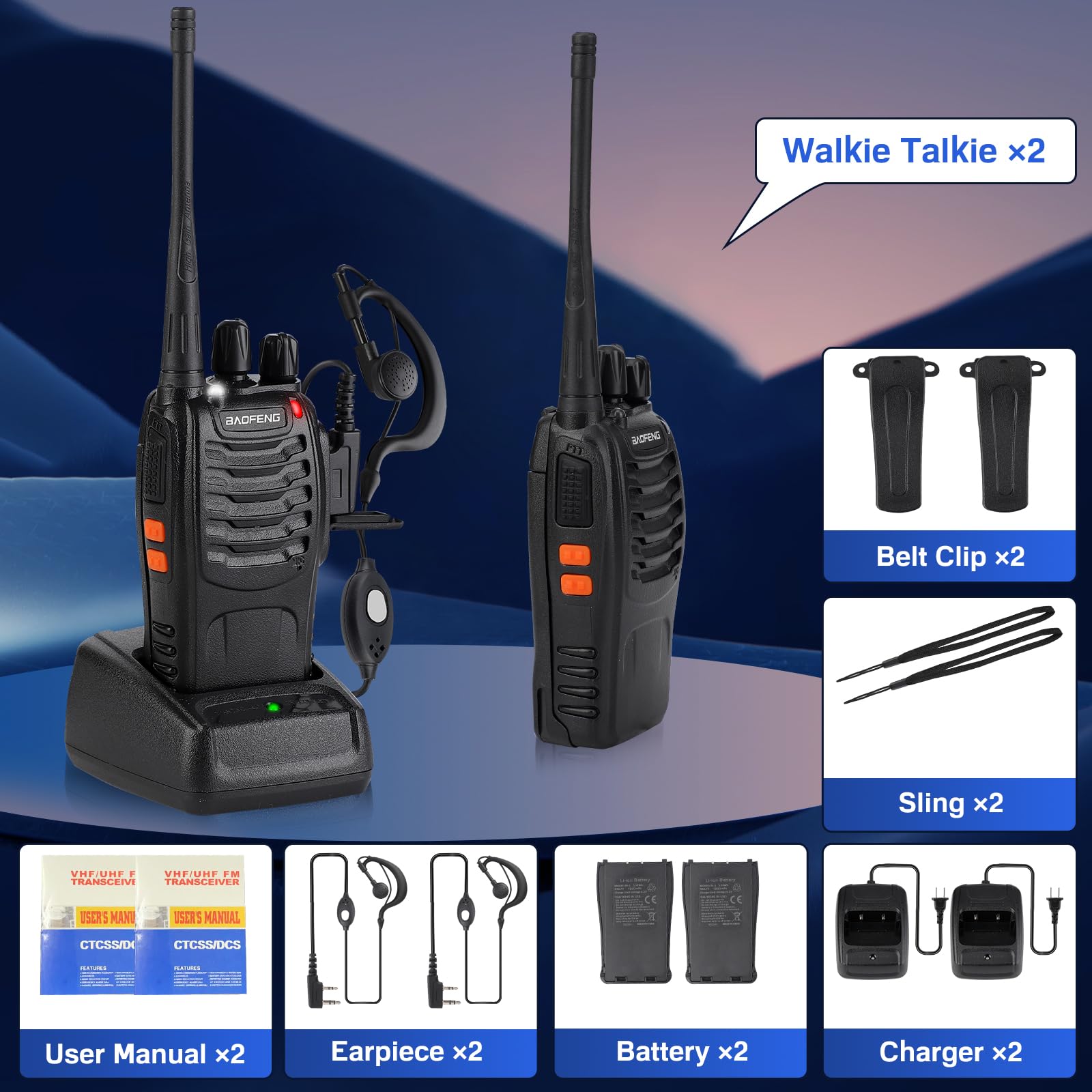 Walkie Talkie BF-888S 1 Paire de 16 canaux Rechargeables Communication Radio Professionnelle avec Casque, adapté à la Construction de Restaurants et supermarchés, etc. (EU)