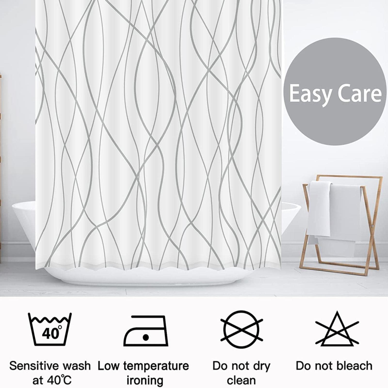 Cortina de Ducha de Tela con Rayas Grises y Blancas, Impermeable, de poliéster, para baño, Decorativa con Gancho de plástico, 300x180cm(118" Wx71H)