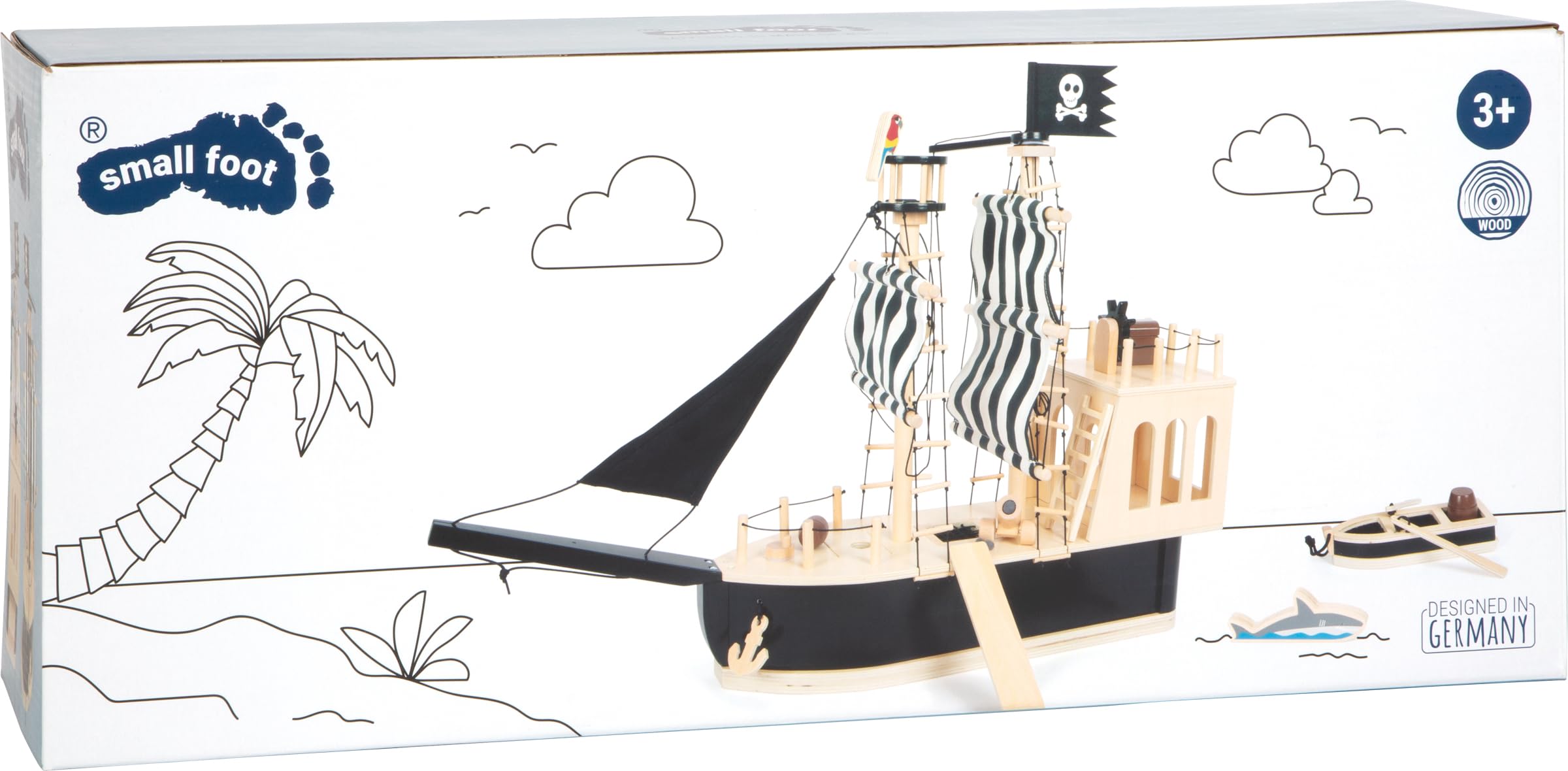 small foot Barco Pirata para muñecas Flexibles de Madera, Gran Barco de Juguete con Accesorios y Funciones, 12411