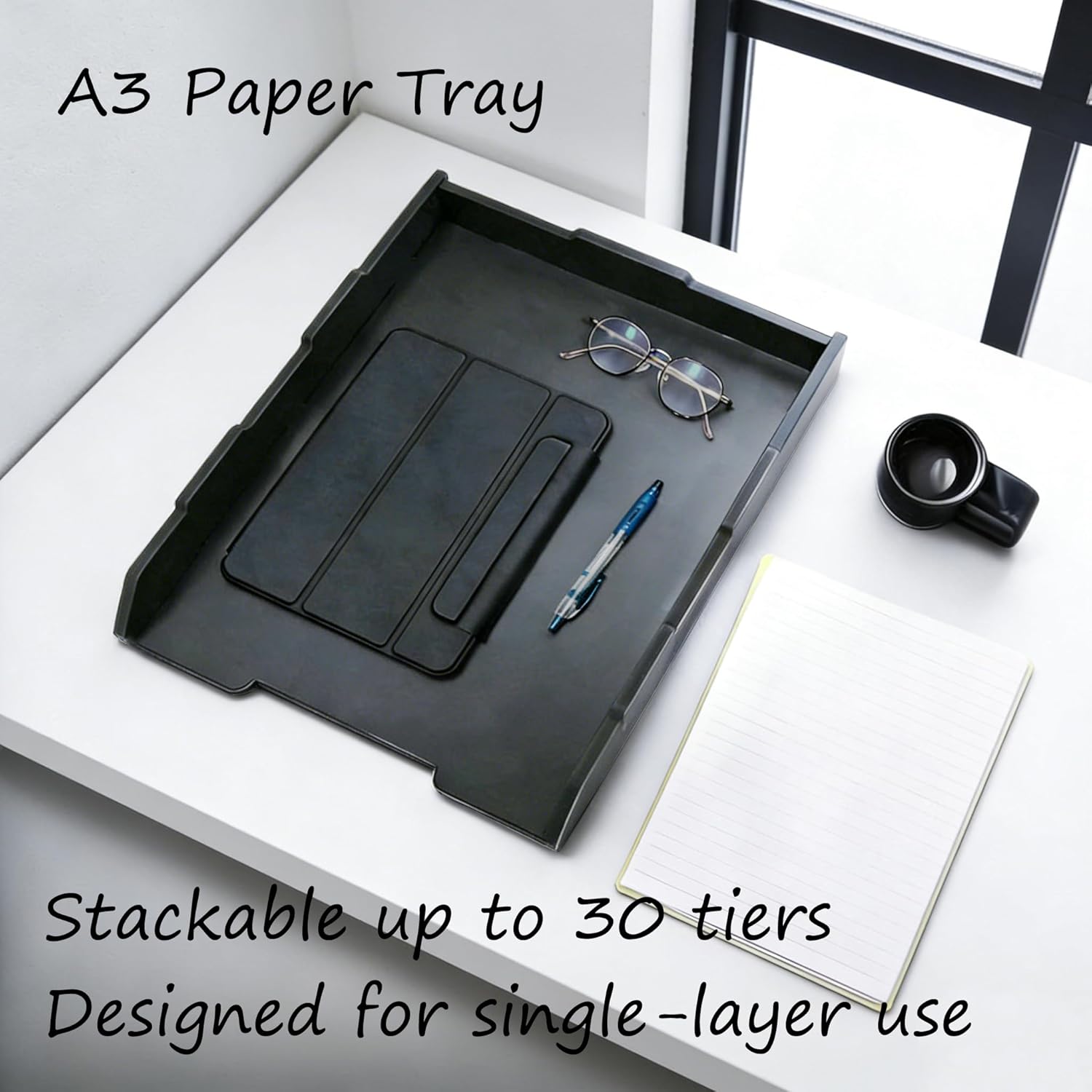 A3 Wooden File Tray, 11.7" x 16.5" 3-Tier Storage Rack, Vertical Deep Desk Organizer, Sturdy & Modern Black Desktop Organizer, Easy Assembly, Stackable Paper Tray for Home, Office, School