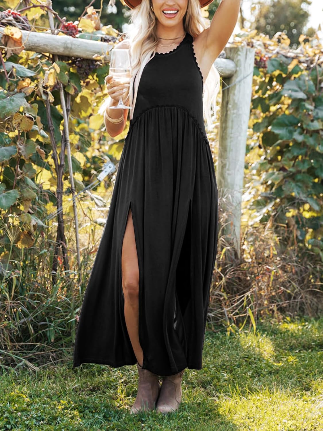 Women's Maxi Dress Summer Sleeveless Crewneck Swing Sundress Casual Loose Long Dresses with Pockets - Image 2