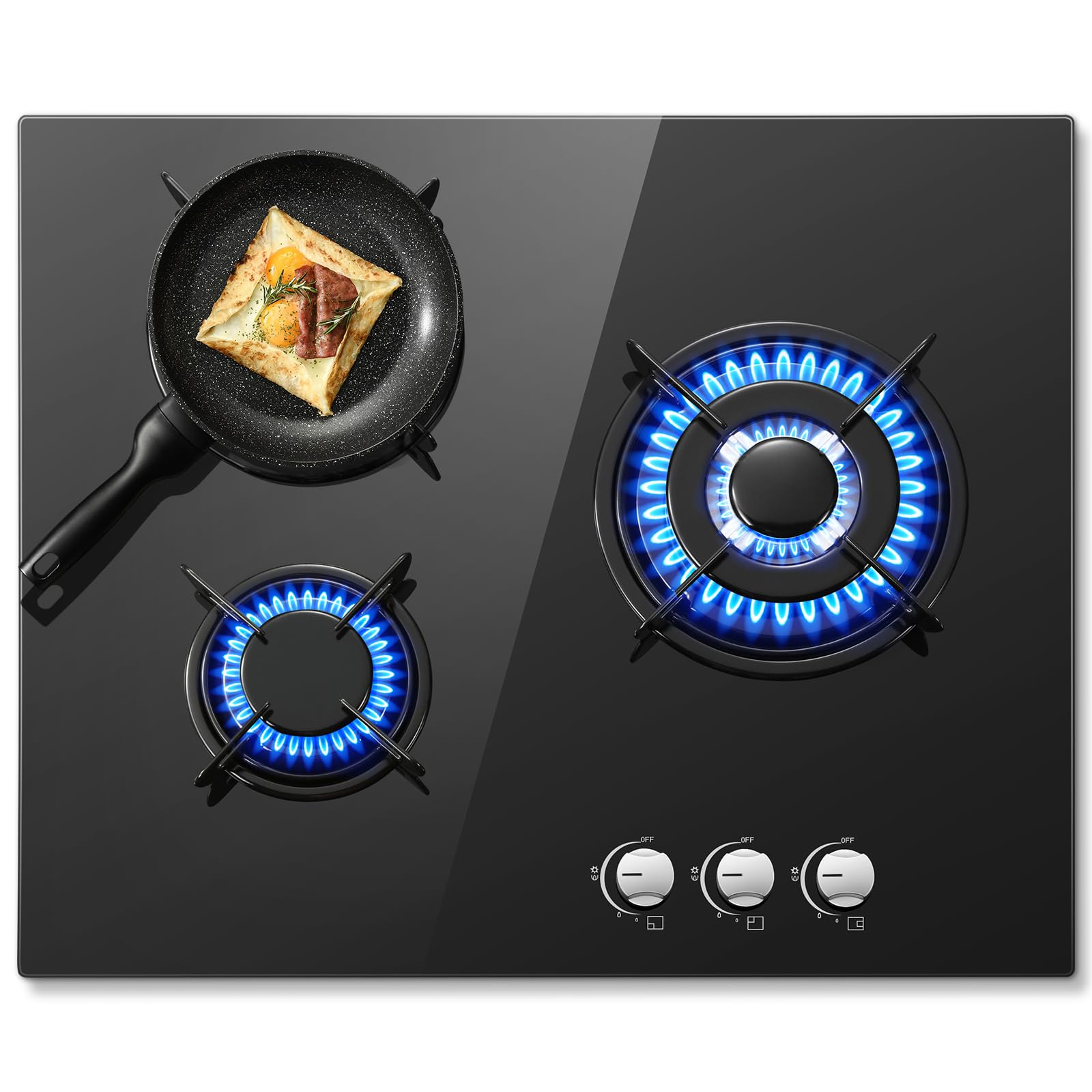 Table de cuisson à gaz noire vue de dessus avec trois brûleurs
