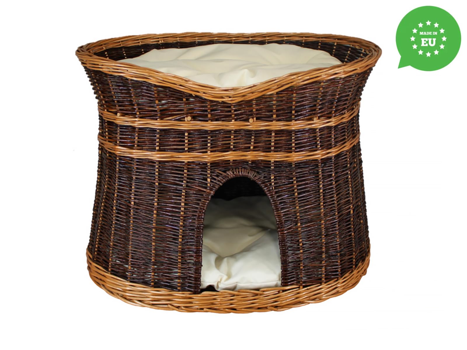 Katzenkorb zum Schlafen – Katzenhütte Indoor – Größe XL: 70 cm oval – Katzenhöhle aus Weide – Zweistöckiger Hunde – oder Katzenbett mit waschbaren Kissen in Ecru – Lackierter Korb