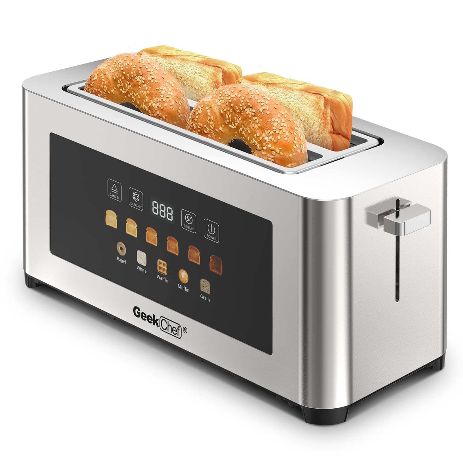 Toaster 4 Slice Wide Slot, Smart Stainless Steel Toaster, Commercial Long Slot Toasters, LED Display Touch Panel, Automatic Shut-Off Anti-Jam, Easy Clean Cord Storage for Bagel Muffin Waffle (Silver)