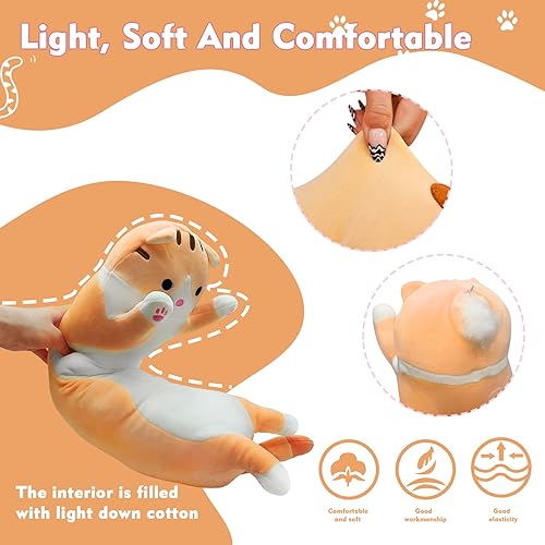 Miniatura 3 de Almohada larga de felpa con diseño de gato, 43.3 pulgadas, lindo cojín de peluche de animales de peluche, color amarillo, kawaii gatito, juguete de