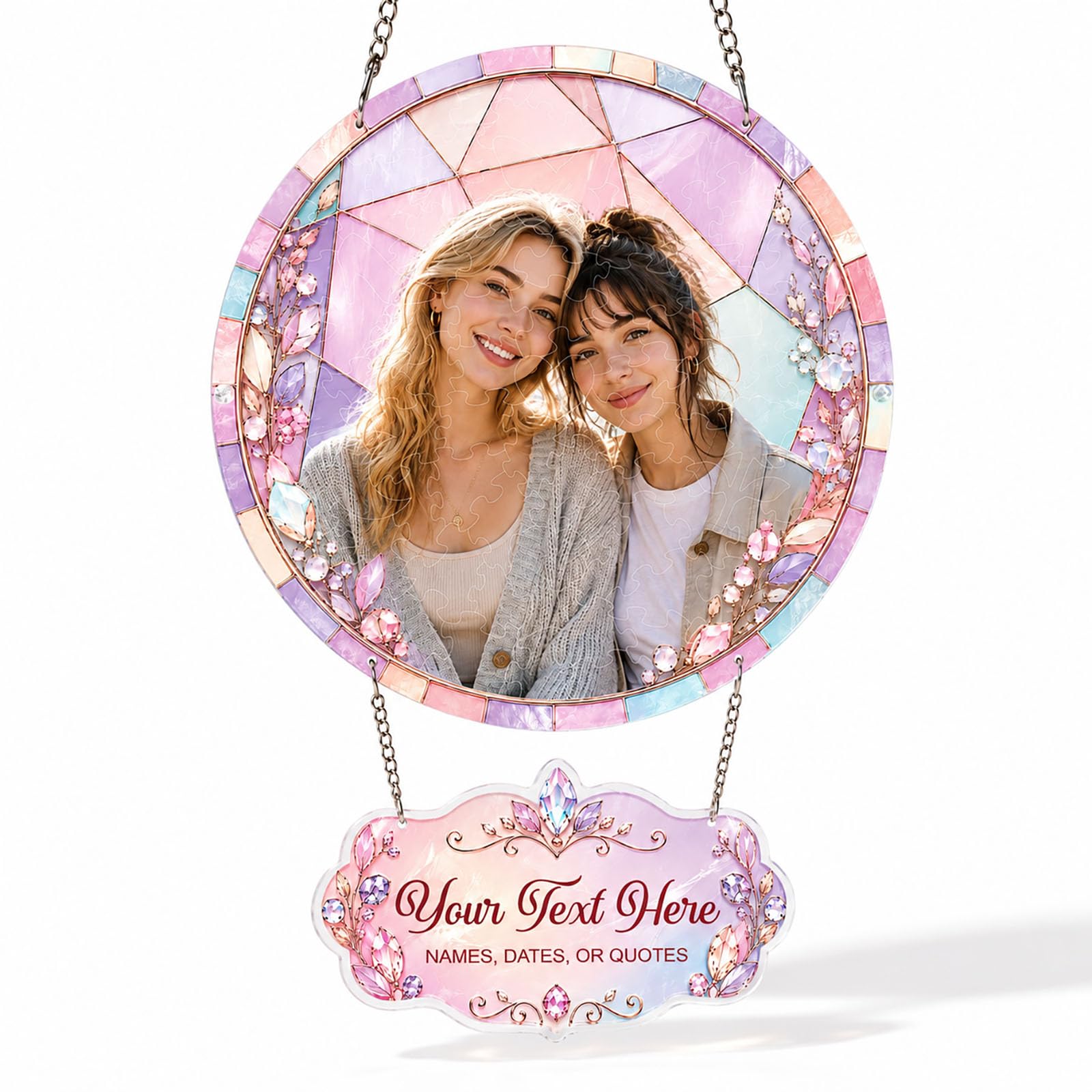 KUNYUTECH Personalised Photo Suncatcher, Pastel Jewel Acrylic Window Hanging with Custom Text, Stained Glass Style Keepsake Gift for Mum, Grandma, Couples, Wedding & Nursery Decor