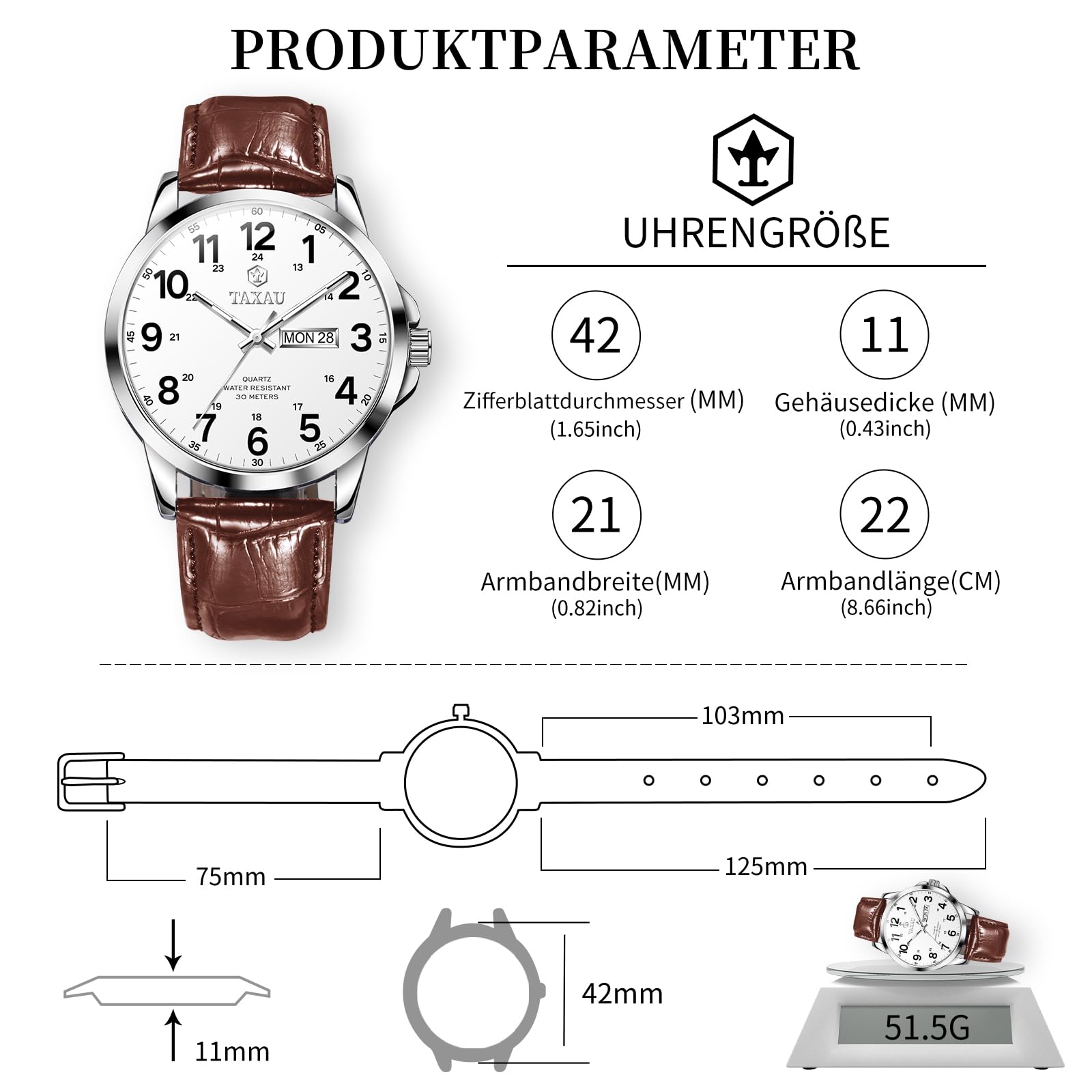 Taxau Uhren Herren Klassischus Lederarmband Wasserdicht Großes Zifferblatt
