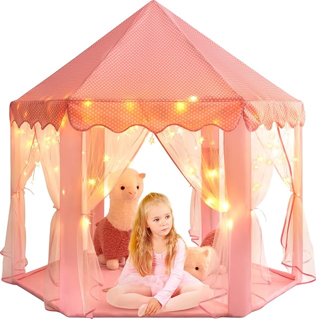 EVOIONOS Princess Tent Girls, Castle Kids Play Tent with Small Star Lights, Toddler Playhouse Indoor Outdoor Games, Children Gift for Age 3-10 55X53 inches, Pink