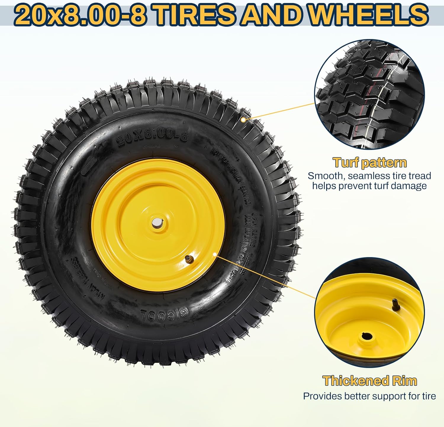 2PCS 20x8.00-8 Rear Tire and Wheel Assemblies, 3/4" Borehole, 3.5" Offset Hub and 3/16" Keyway, 4 Ply, 905lbs Capacity, Replacement for Riding Lawn Mowers