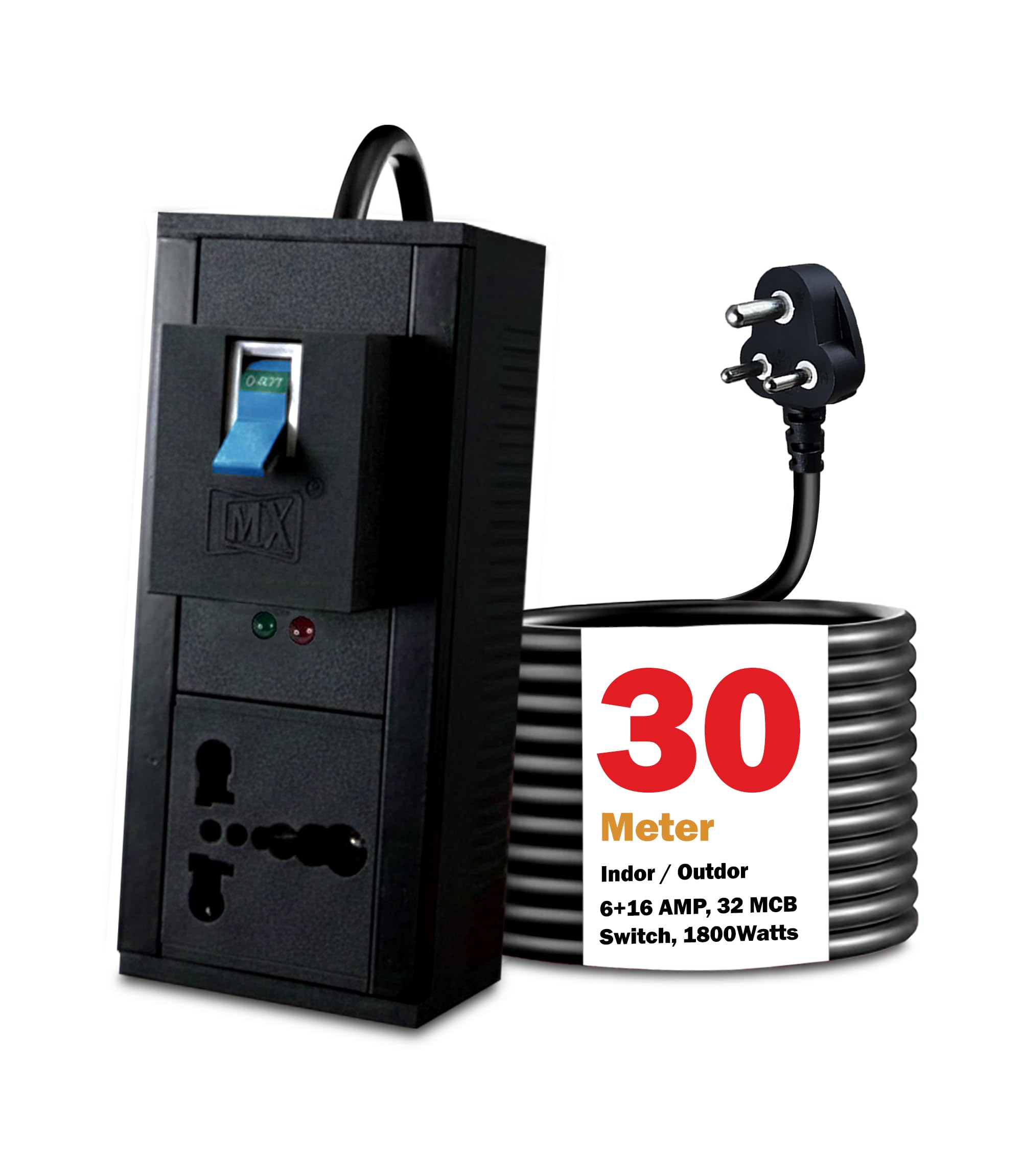 MX Single Socket Extension Board | 16amp to 5amp Plug 30 Meter Heavy Duty Power Cord (1800W) | 16A 3-Pin Plug Socket | 32A MCB Switch | AC Line Fault Detector | Flame Retardant | Child Safety Shutter-image-34
