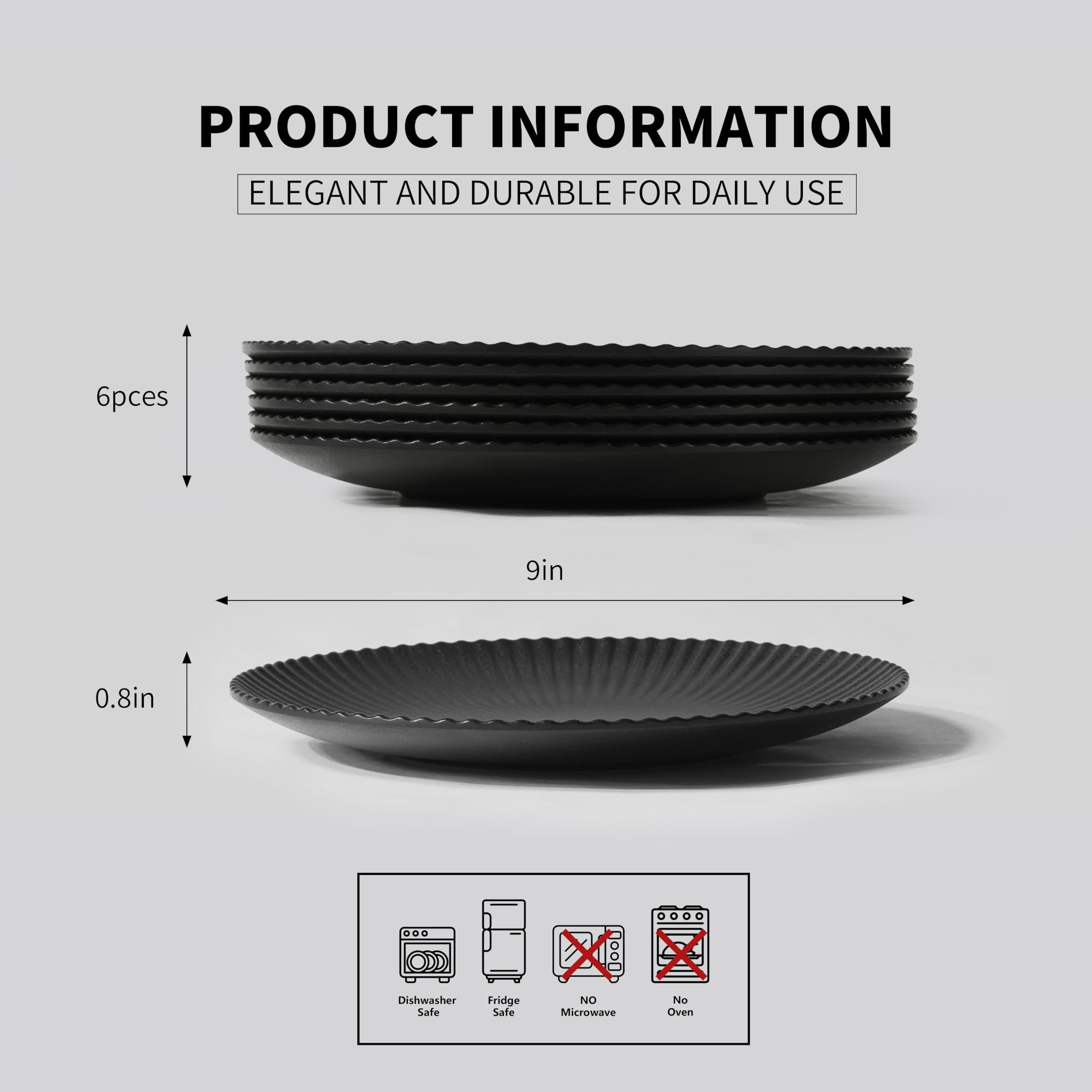 ONEderful Dessert Plate set, 9 Inch Melamine Round Salad Plate, Appetizer Plates for Kitchen, Small Plates Set of 6, Restaurant, Outdoor Dining, Durable, Dishwasher Safe (Black)
