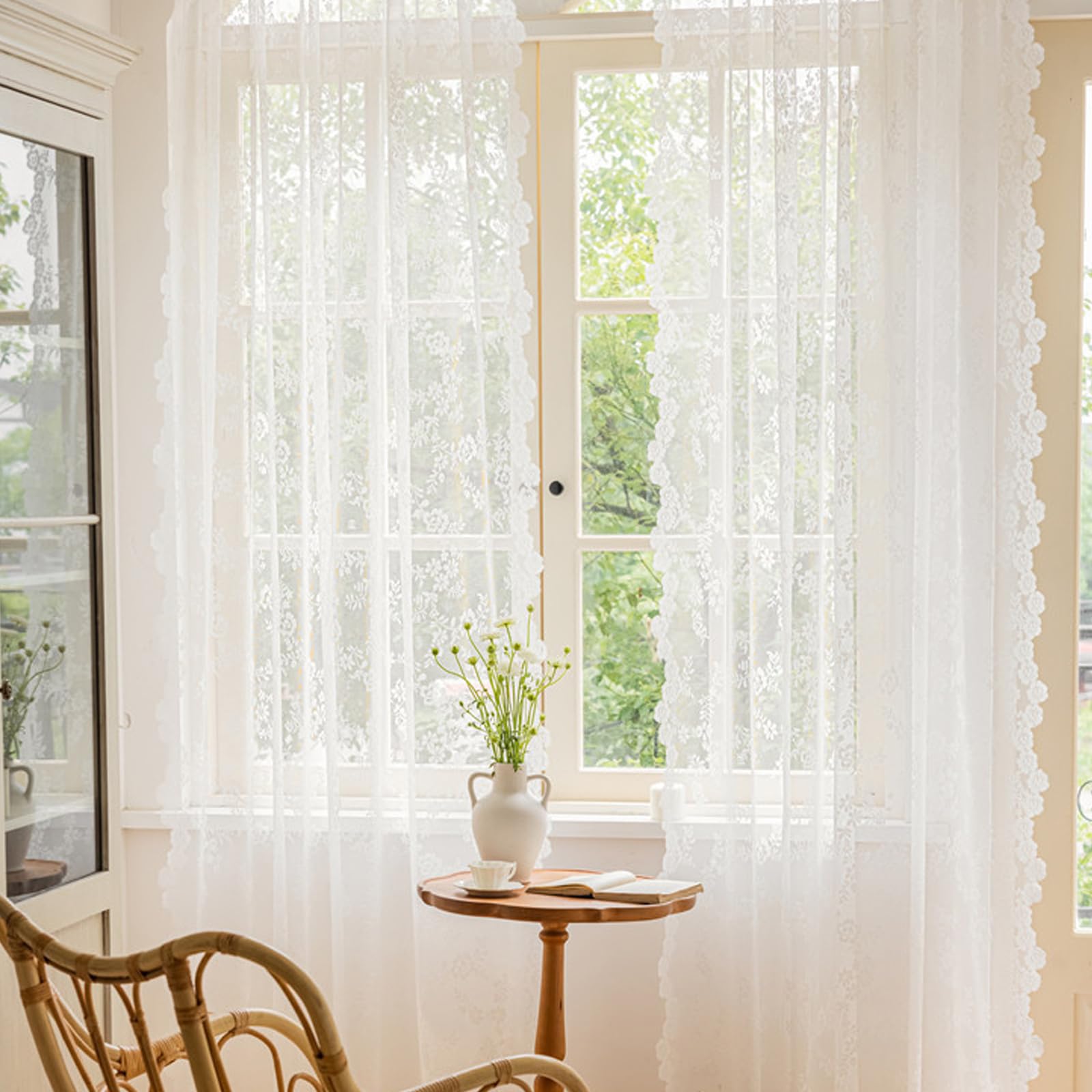 Set di 2 tende in pizzo bianco, ricamate con fiori, in voile, 150 x 200 cm, vintage, in voile ricamato, trasparenti, per camera da letto, soggiorno, terrazza, matrimonio