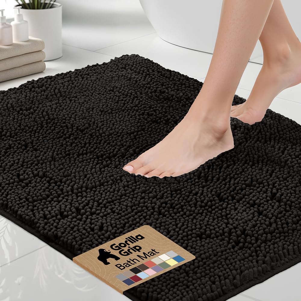 Gorilla Grip Bath Rug 24x17, Thick Soft Absorbent Chenille, Rubber Backing Quick Dry Microfiber Mats, Machine Washable Rugs for Shower Floor, Bathroom Runner Bathmat Accessories Decor, Black
