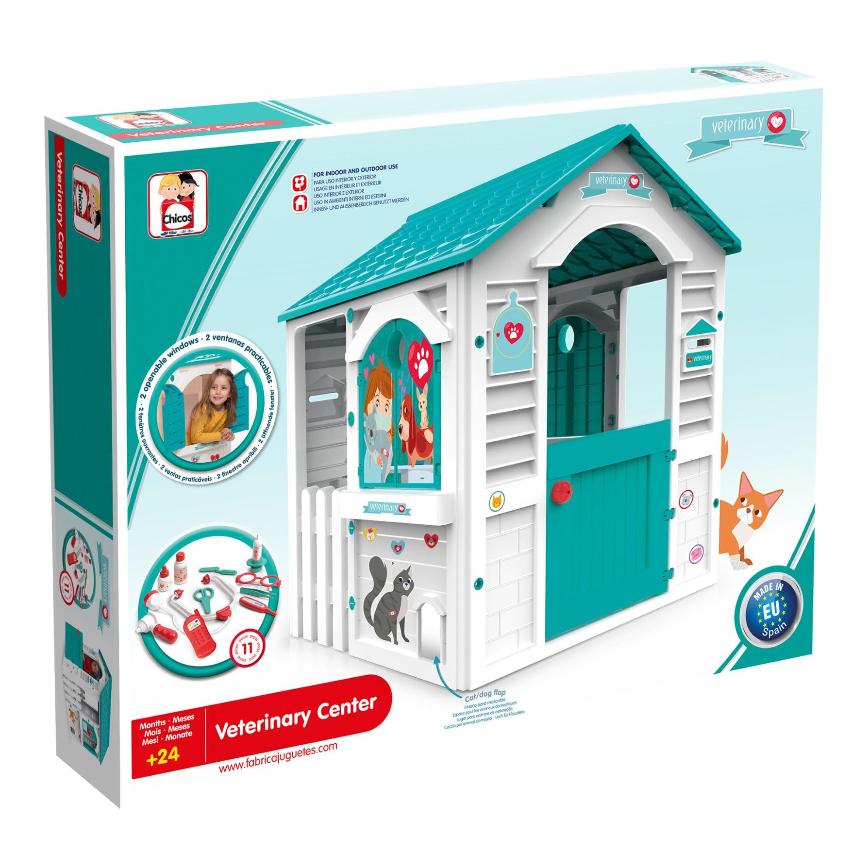 Chicos - Casetta per bambini Centro Verinario | Casetta da giardino per bambini dai 2 anni in su | Resistente e durevole | Include 11 utensili per futuri veterinari (89619)