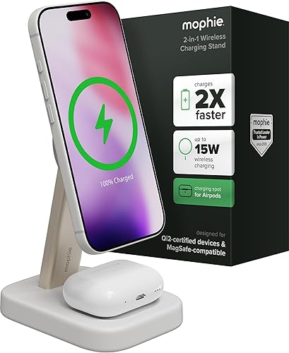Mophie Soporte de carga inalámbrico 2 en 1, certificado Qi2, cargador MagSafe para iPhone y AirPods, estación de carga rápida con soporte ajustable