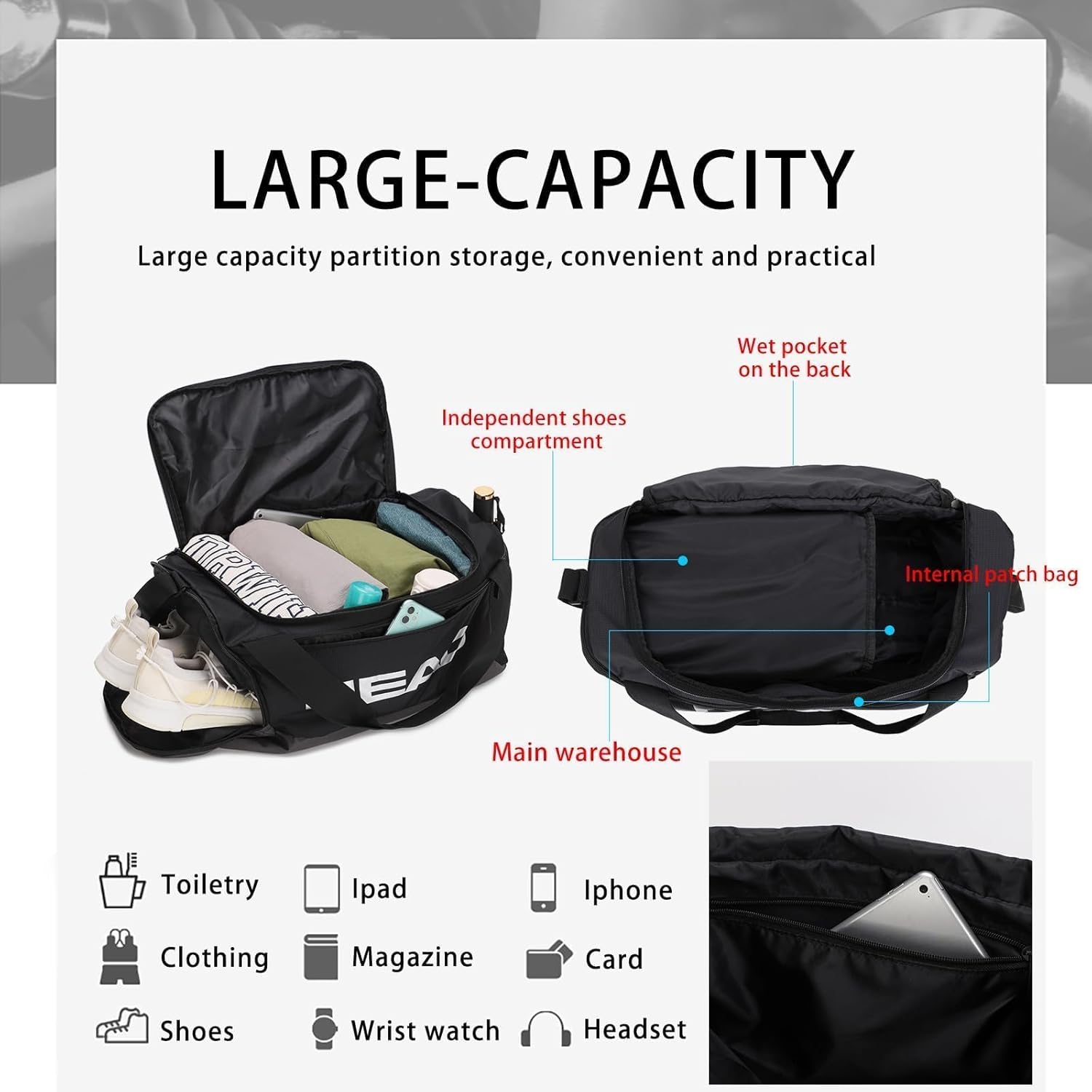 HEAD 45L Waterproof Tennis Duffel Bag for Men, Large Capacity Sports Gym Bags with Shoes Compartment & Wet Pocket, Lightweight Crossbody Duffle Bag for Workout/Fitness/Weekender/Overnight - Image 6