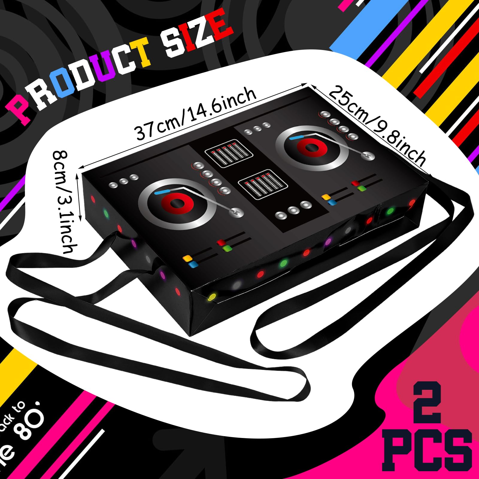 MotiMind 2 Pcs Dj Costume 80s 90s Hip Hop Costume Paper Dj Mixer Boxes with Strap Props Music Rapper Party Decorations Cosplay Party Novelty Retro Theme Music Neon Birthday Gifts