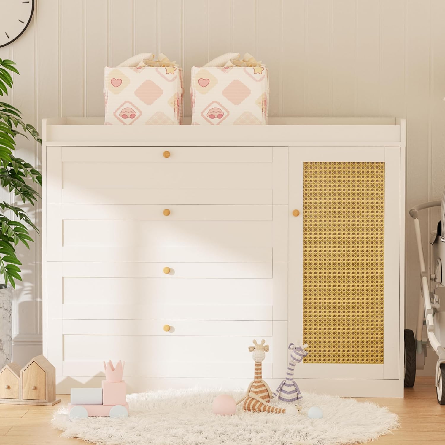 Nursery Dresser Changing Table 5 Drawers Dresser with Changing Table Top for Infants Nursery Baby Dresser Chest with Storage Changing Station Dresser Diaper Changing Station Nursery Organizer,White