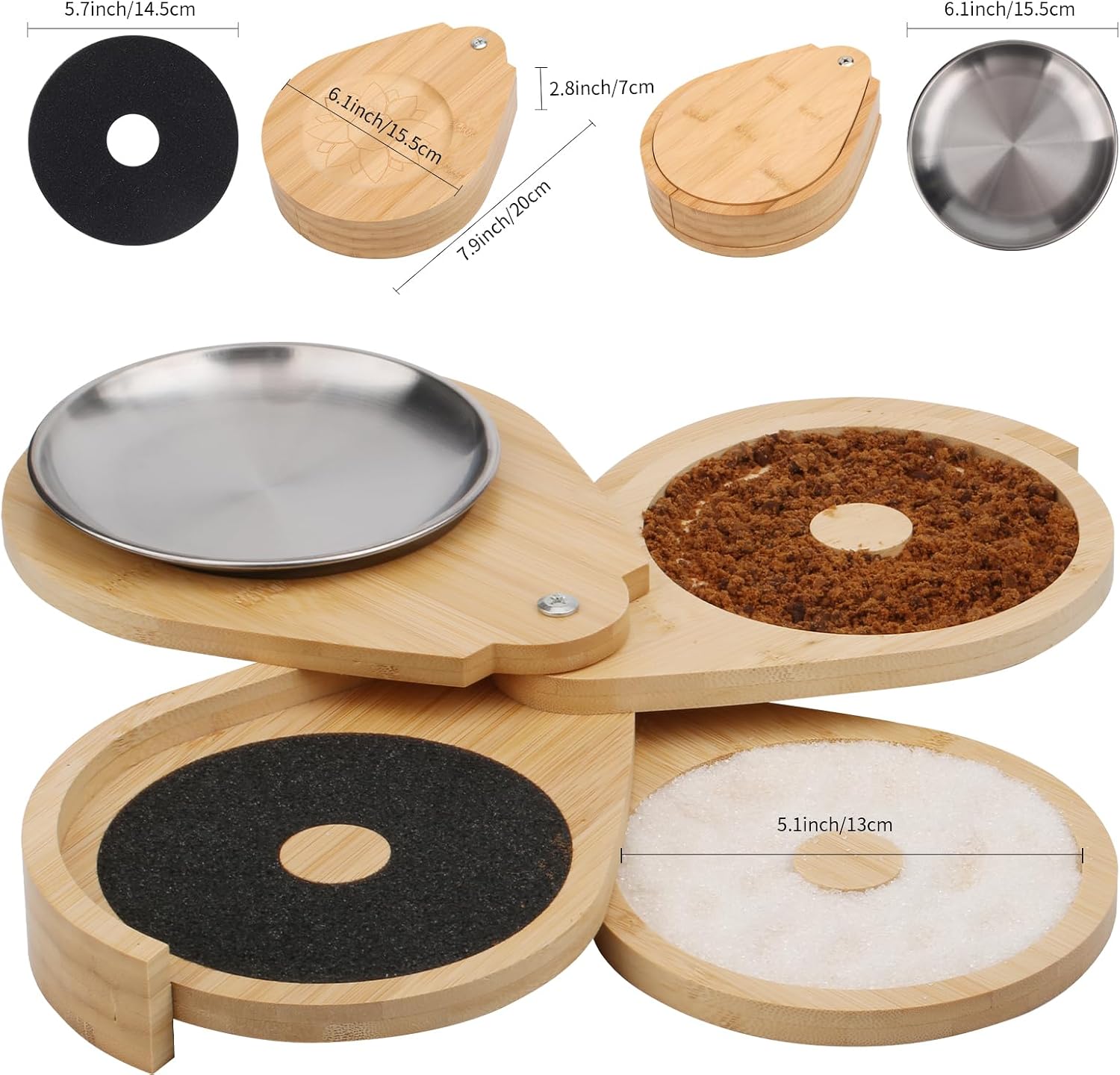 3-Tier Salt Rimmer for Cocktails,Bamboo Margarita Salt Rimmer Set with Stainless Steel Saucer for Glass Rimmer for Cocktalls, Suger and Salt Rimmer for Wide up to 5.1inch