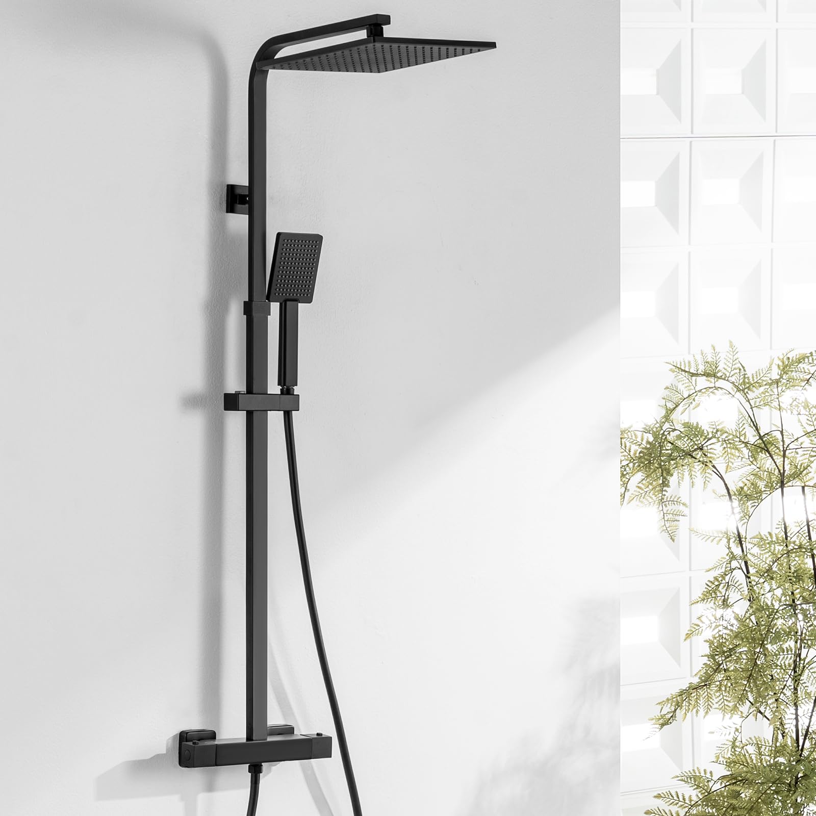Auralum Colonna Doccia Nera con Miscelatore Termostatico, Miscelatore Doccia Esterno Ottone, Set Doccia Soffione Quadrato 25cmx25cm, Asta Saliscendi Doccia in Acciaio Inox Altezza Regolabile 97-130cm