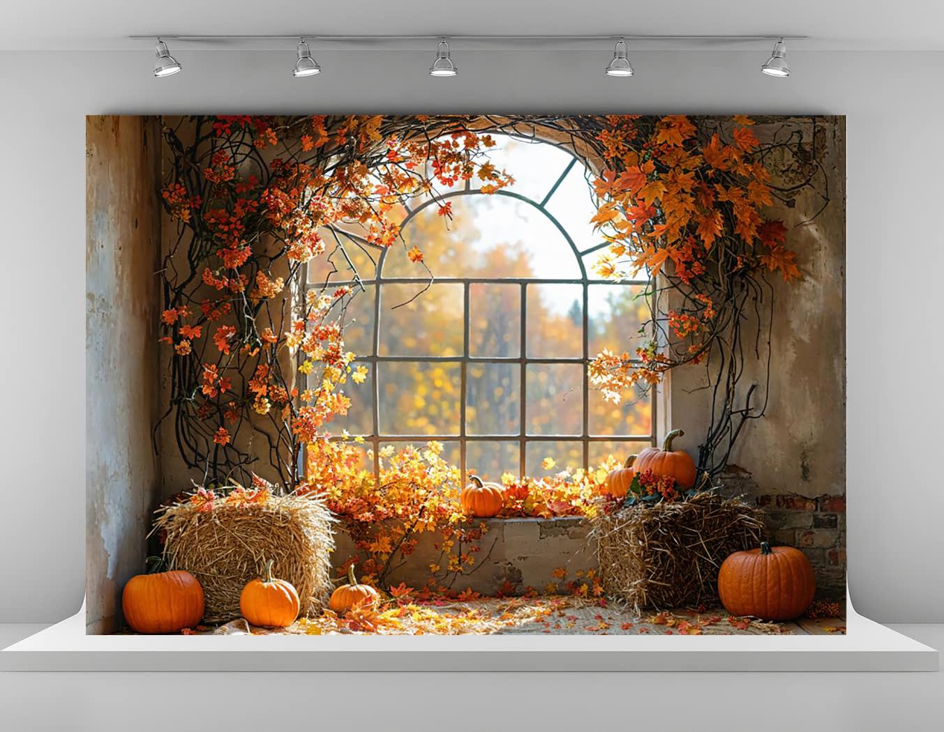Kate 7x5ft Autumn Pumpkin Haystack Backdrops for Photography Fall Maple Leaves Background Brick Wall Windowsill Backgrounds Thanksgiving Day Holiyday