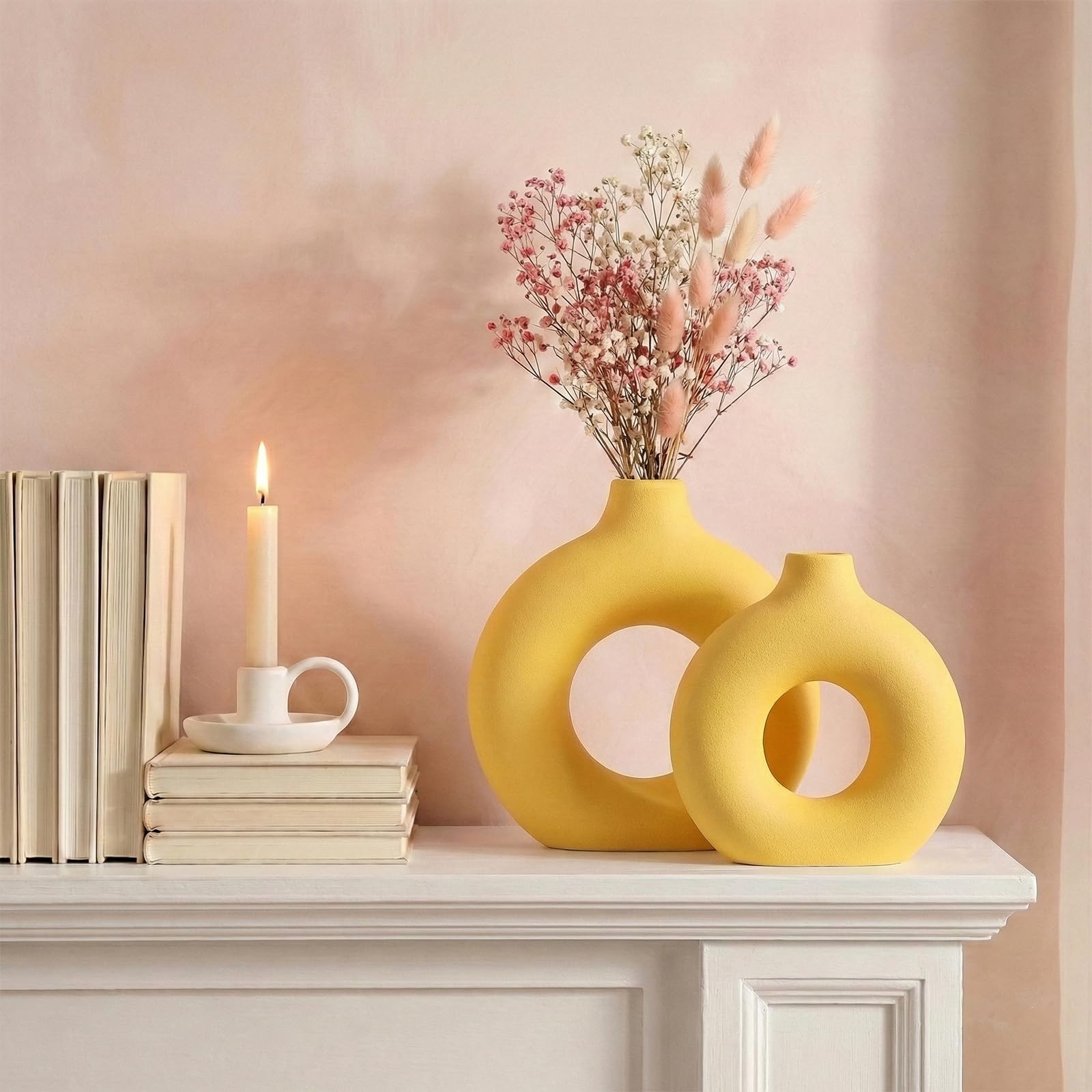 Donut-Vasen, kreisförmige Matte Keramikvase für Eingangsbereich, Wohnzimmer, Schlafzimmer, Esstisch, Tischdeko, Büro, Wohndeko, Gelb, 2er-Set