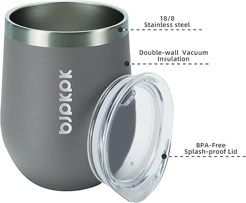 Miniatura 2 de BJPKPK 2 vasos de vino aislados de 12 onzas, tazas de café al vacío de doble pared de 12 onzas con tapa, vasos de vino de acero inoxidable