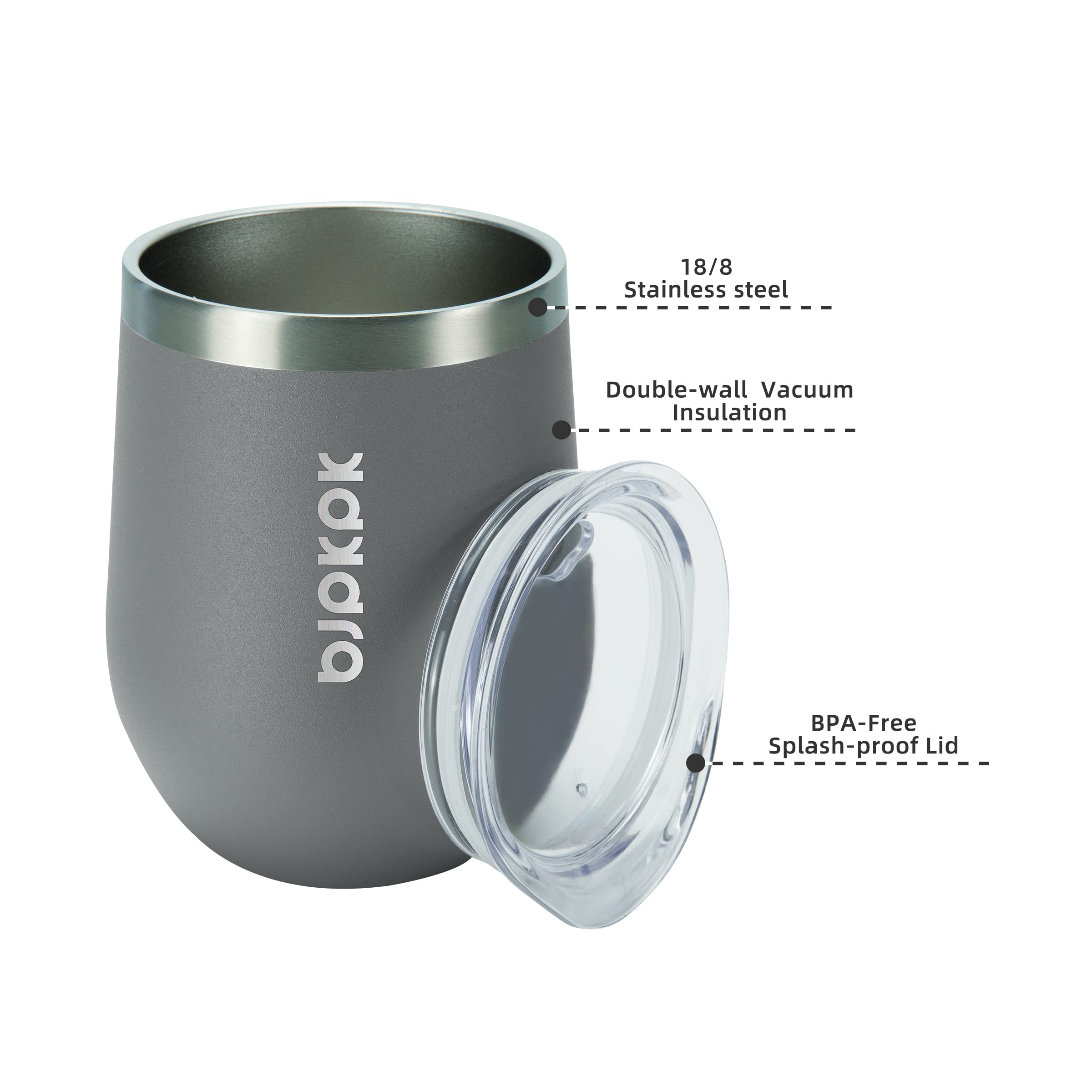BJPKPK Isolierte Weingläser, doppelwandige Vakuum-Kaffeetassen mit Deckel, unzerbrechliche Edelstahl-Weingläser, isolierte Kaffeetassen für Zuhause und Outdoor, Grau, 2 Stück, 340 ml
