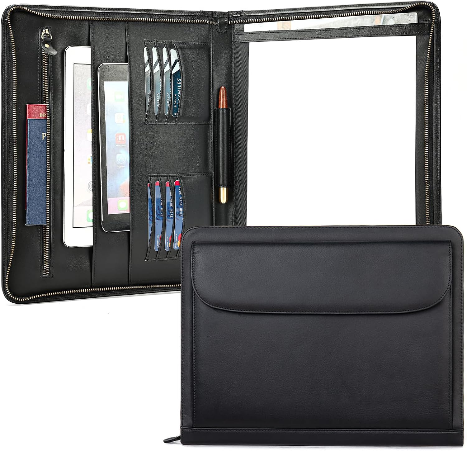 Genuine Leather Portfolio for Men Women Zipper Business Resume Padfolio Organizer Binder A4 Meeting Folder 13 inch black