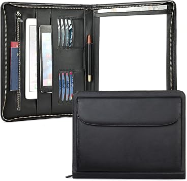 Genuine Leather Portfolio for Men Women Zipper Business Resume Padfolio Organizer Binder A4 Meeting Folder 13 inch black