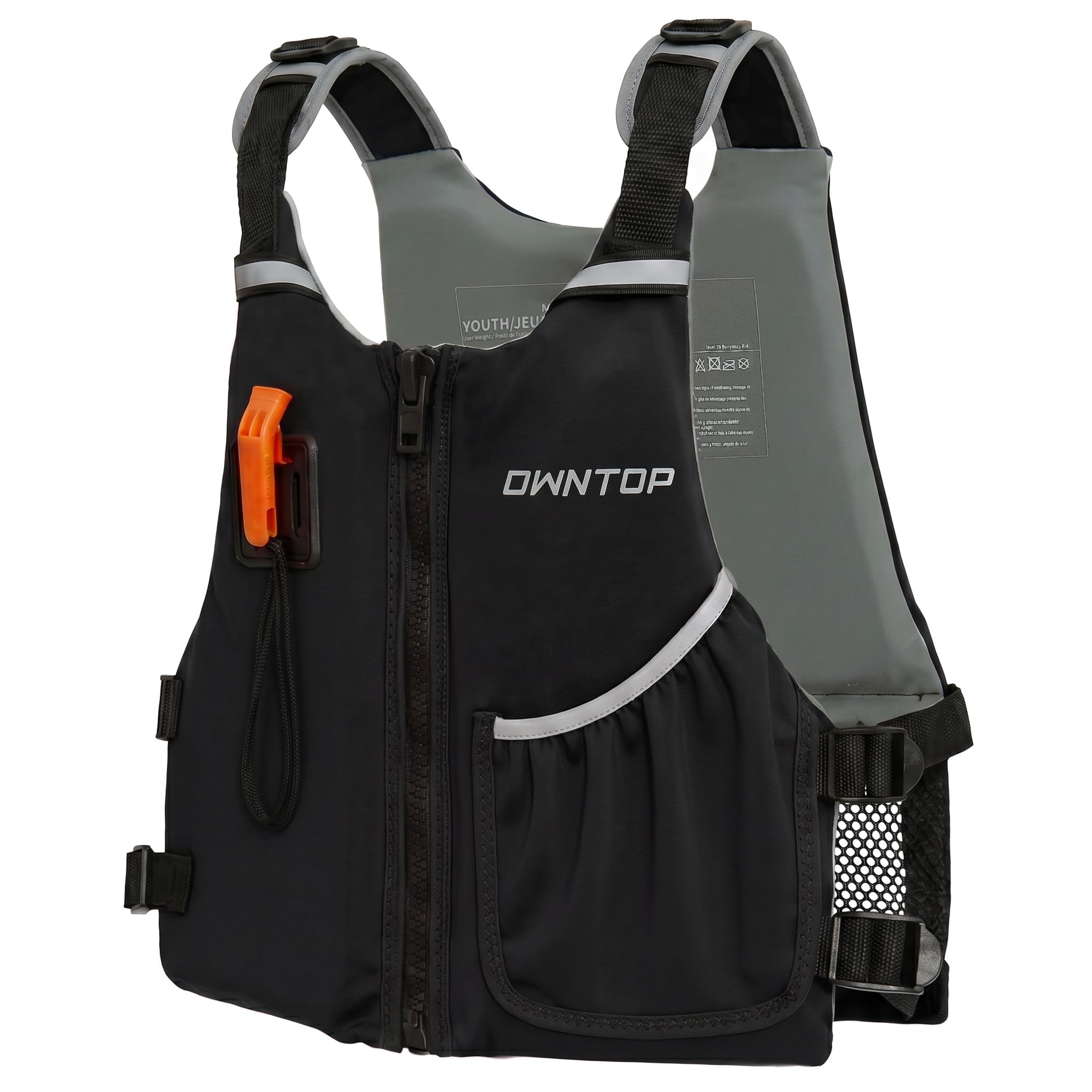 Owntop Junior Swim Vest for Kids 30-50kg, Buoyancy Aid with Whistle, Breathable Mesh Back & Pocket, Adjustable Neoprene Float Jacket for Kayaking, & Swimming, Boys & Girls 6-13 Years（Black，L）