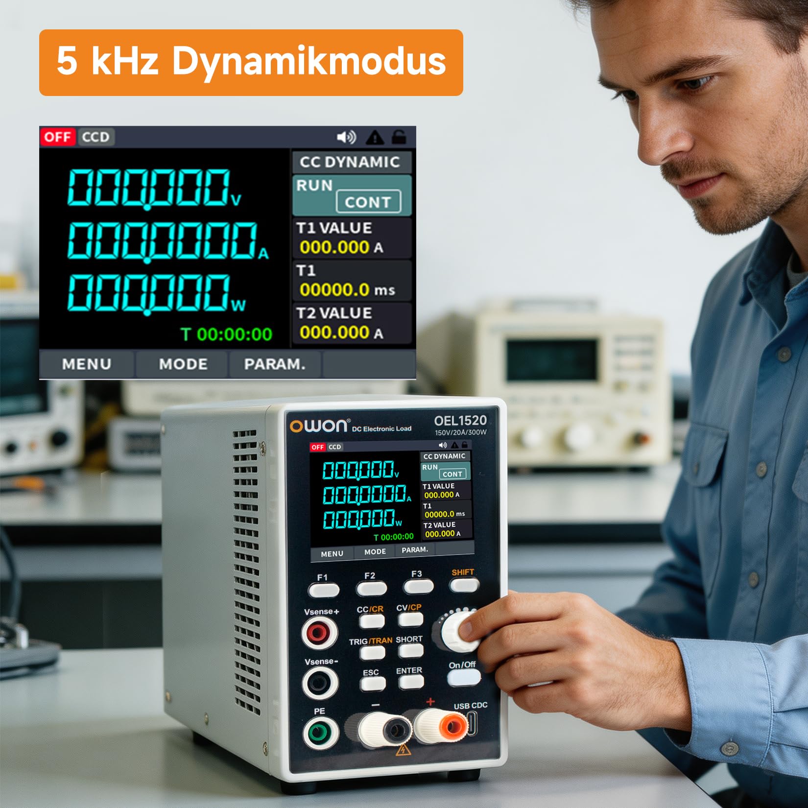 OWON Programmierbare elektronische Gleichstromlast OEL1520, DC 150V, 20A, maximal 300W, USB/RS232, CV CC CR CP, 4 Betriebsmodi, 5 kHz dynamisch, Labor-Leistungstester mit 2,8-Zoll-TFT-LCD-Display