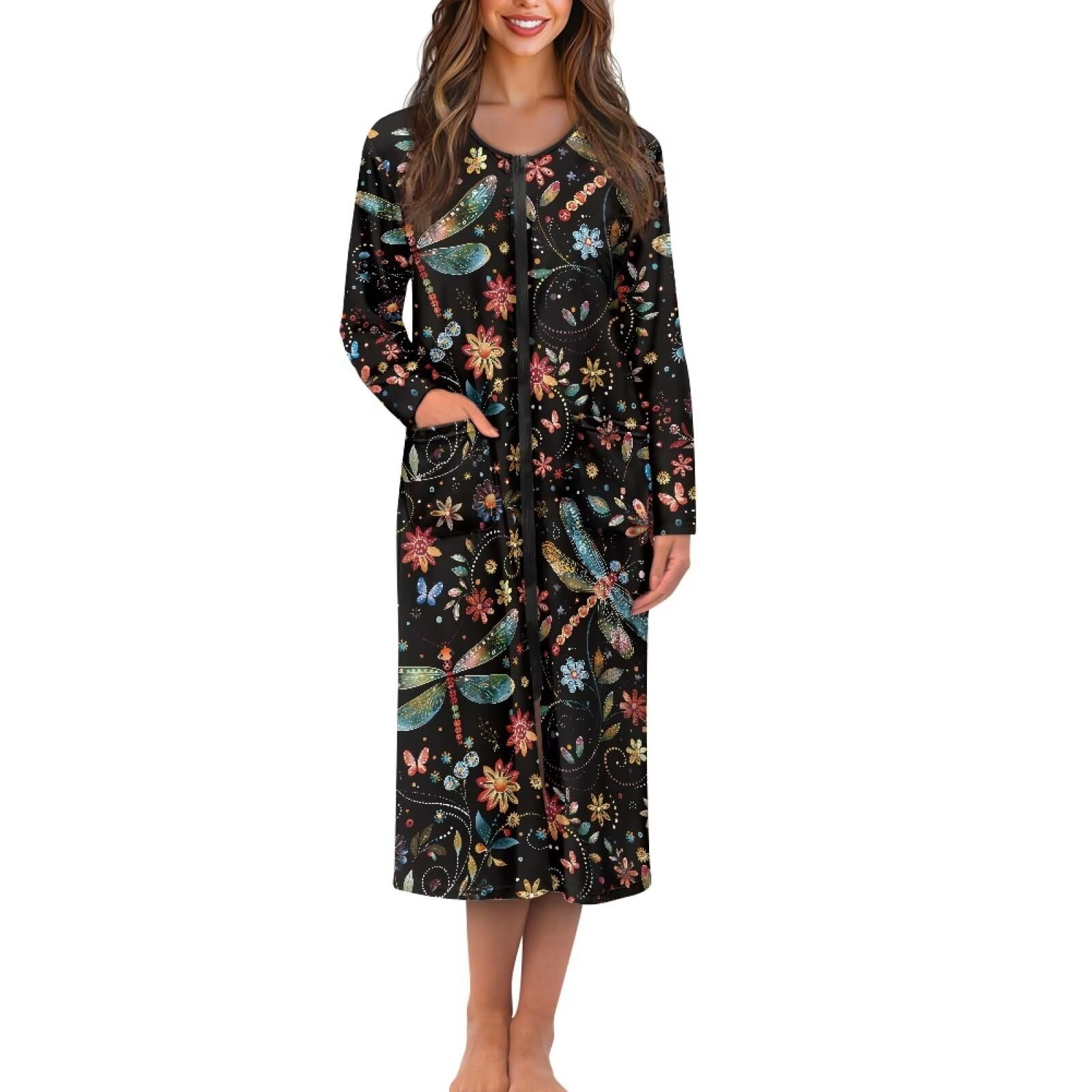 Damen-Hausmantel mit Reißverschluss vorne, langärmelig, Nachtwäsche, Bademantel mit Tasche, weiche Loungewear, Größe S-4XL