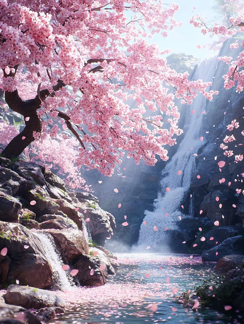 Wasserfall mit Kirschblüten Malen Nach Zahlen Erwachsene, 60x80cm c-772 | Handgemalt Ölgemälde Kit für Mädchen Jungen ab 7 8 9 Jahre, Rahmenlos, für die Wanddekoration zu Hause, DIY Acrylmalerei