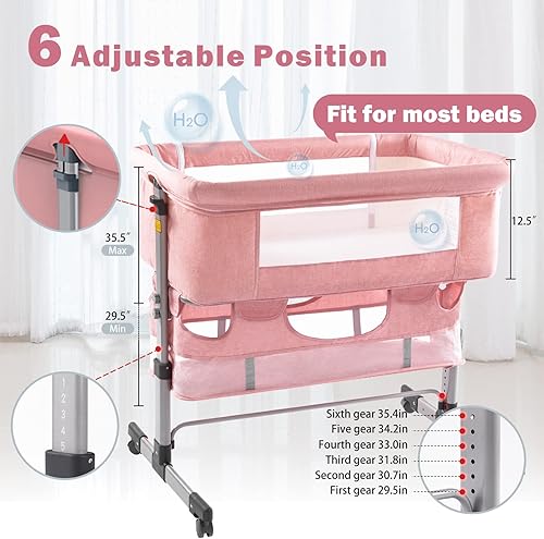 Miniatura 7 de Ihoming Moisés para bebé, cuna lateral con cesta de almacenamiento, cuna plegable fácil, cama ajustable para bebé recién nacido, rosa