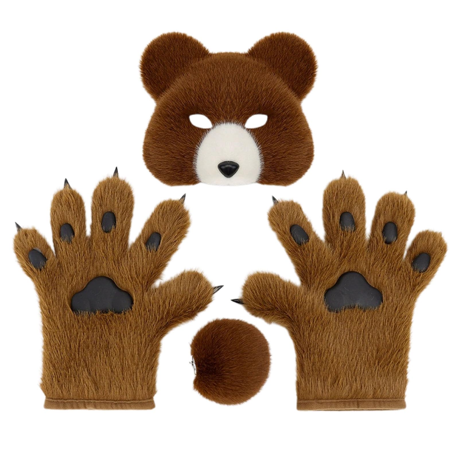 Furry Bear Cosplay Set with Mask Tail Paw Gloves, Animal Cosplay Costume Kit for Anime Fancy Dress Accessories Halloween Christmas Dress Up Carnival Role Play Party Supplies