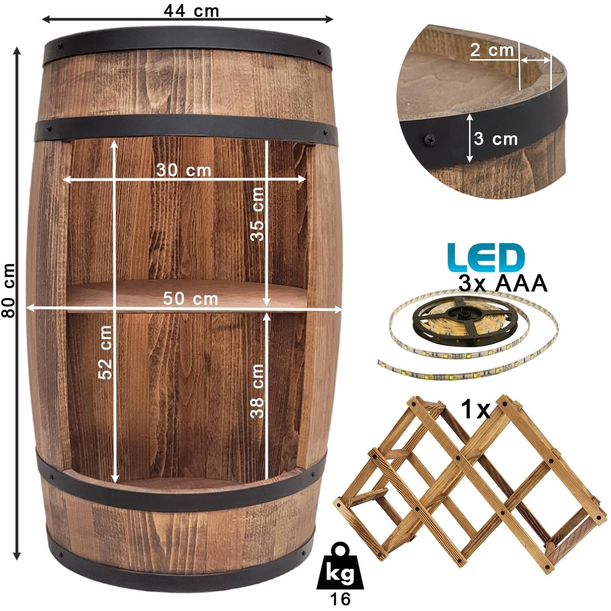 weeco Montabile con illuminazione a LED e portabottiglie per vino, Barile In Legno, decorazione rustica, armadietto da bar, portabottiglie, portabottiglie di vino, Mobilie a forma di botte 80cm wengé