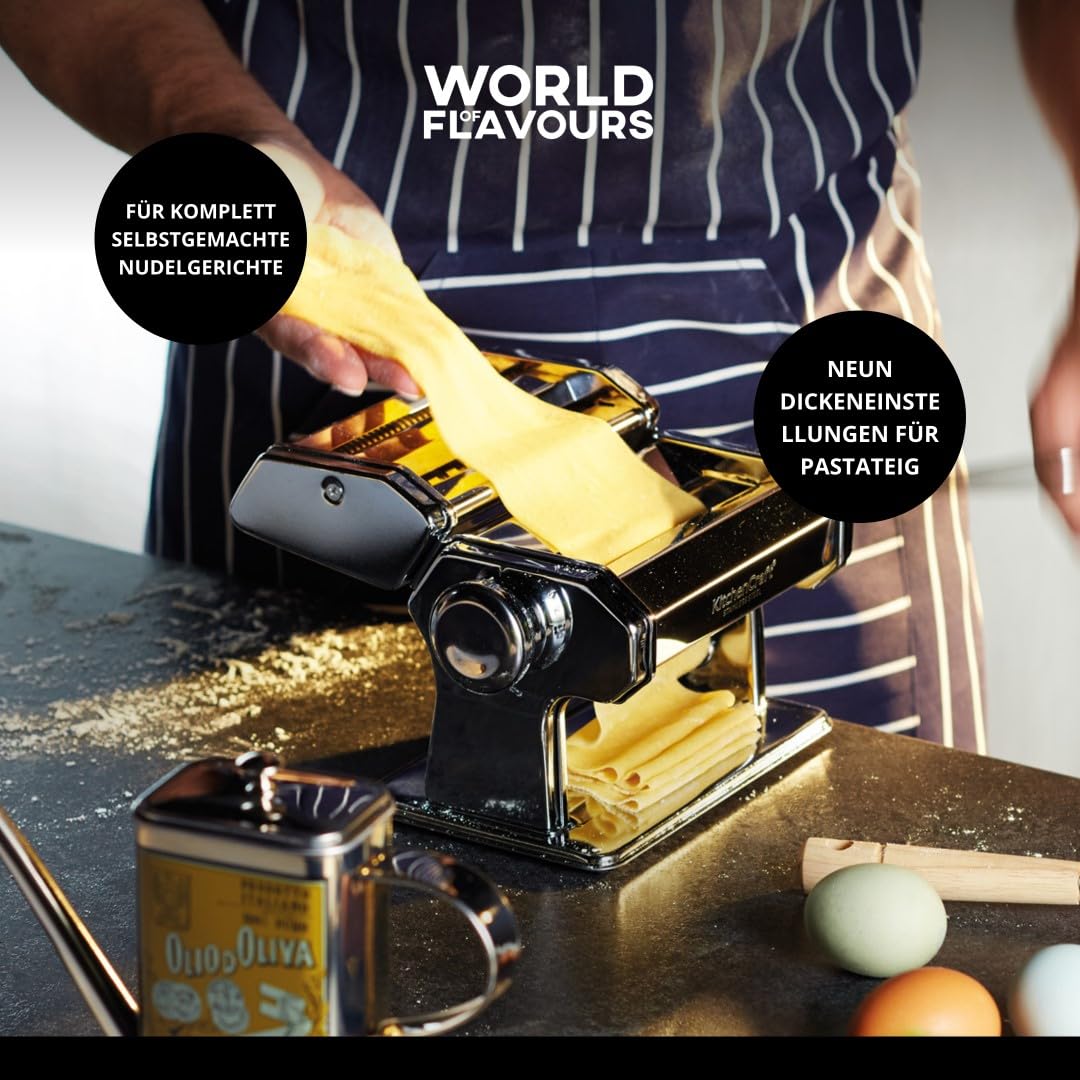 Kitchen Craft Deluxe Nudel-Maschine aus Edelstahl mit doppelter Klinge - Manuell - Pasta-Maker mit 9 Einstellungen - Walzer mit Tisch-Klemme - für Lasagne Ravioli Spaghetti &Tagliatelle