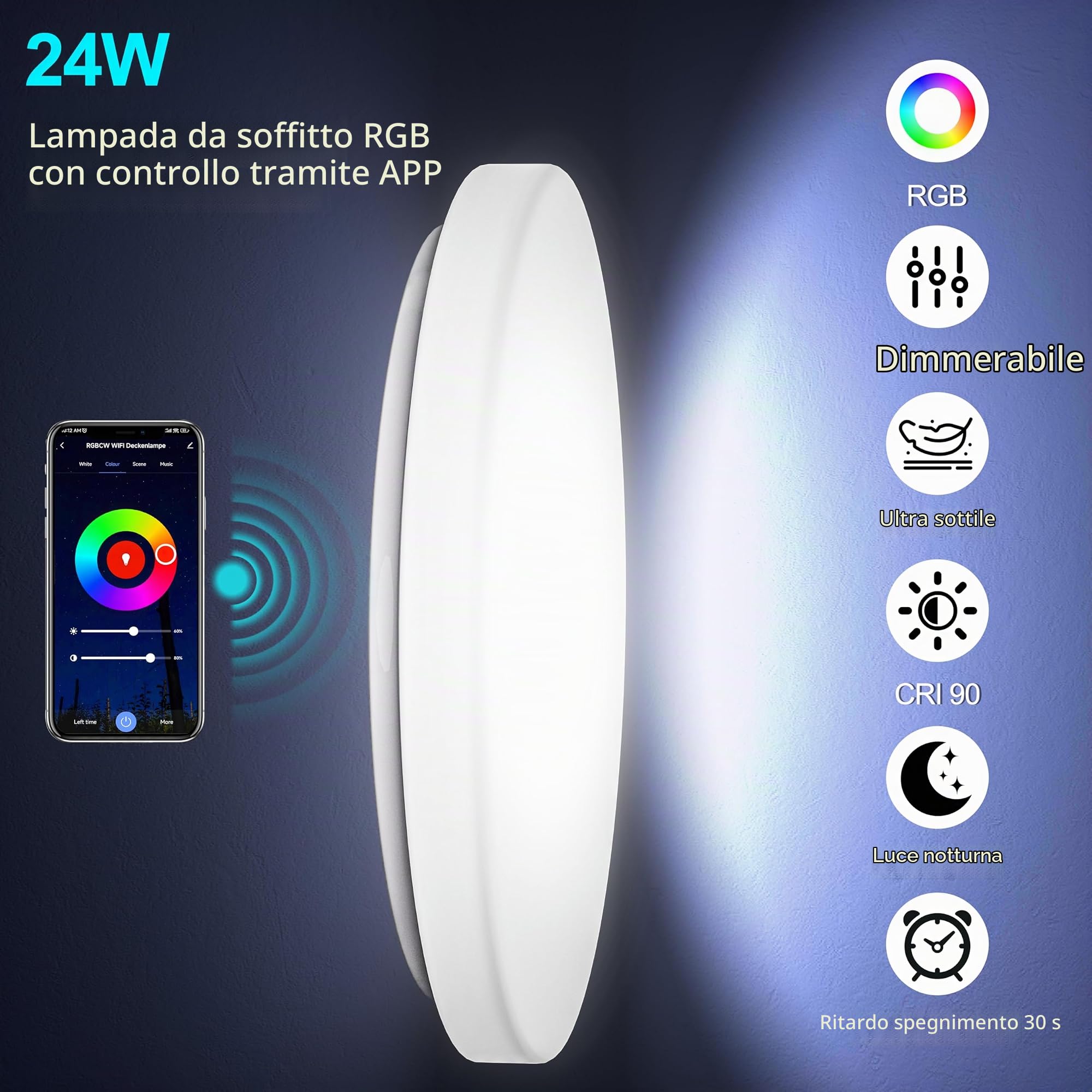 24W Plafoniera Smart LED Ø30CM 2400LM RGB WiFi con App Controllabile Tramite App Compatibile Alexa e Google Assistant per il Soggiorno