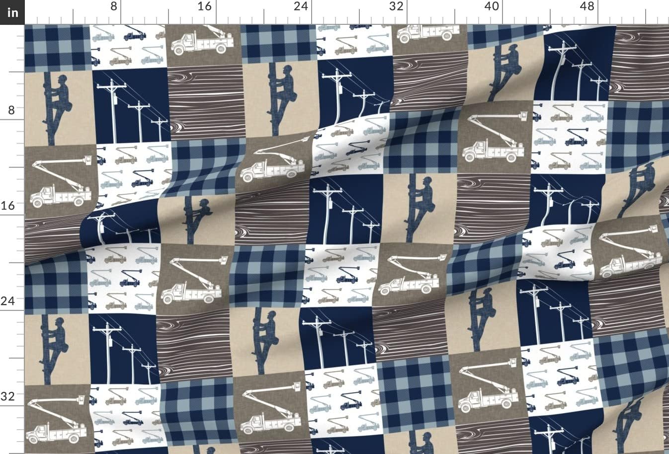 Spoonflower Fabric - Lineman Patchwork Cheater Quilt Navy Tan Brown Electrician Bucket Printed on Minky Fabric by The Yard - Sewing Baby Blankets Quilt Backing Plush