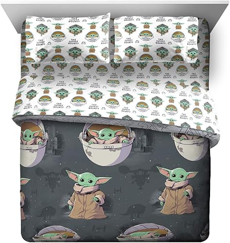 Miniatura 2 de Juego de ropa de cama Queen de 5 piezas de Star Wars The Mandalorian The Child, incluye edredón reversible y sábanas con Baby Yoda, de microfibra